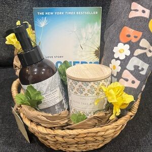 Gift Basket with Sand + Fog Candle, Shea Butter Hand Soap    T-Shirt and Book